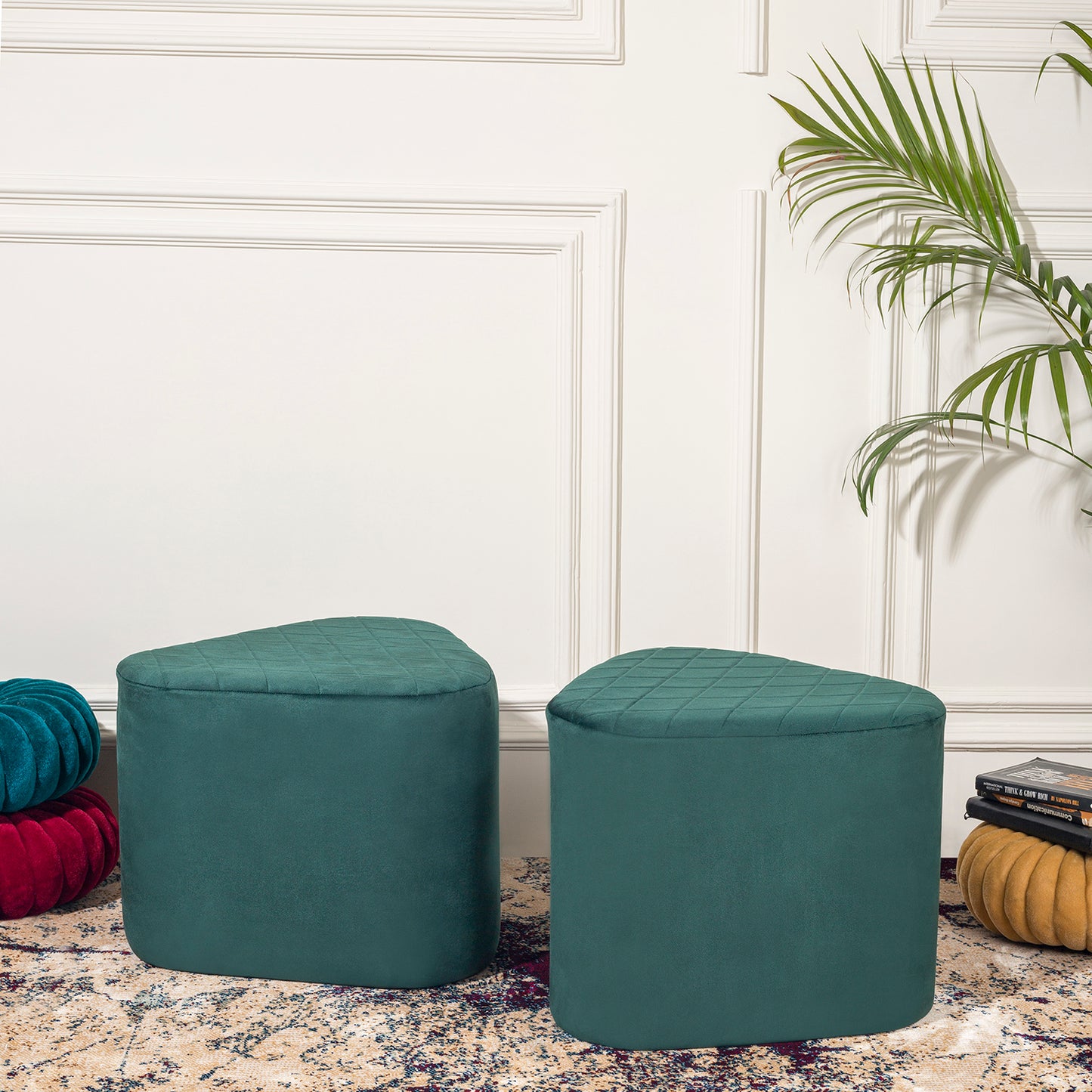 Lushlin Ottoman Triangular Pouffee Stool - Velvet Forest Green