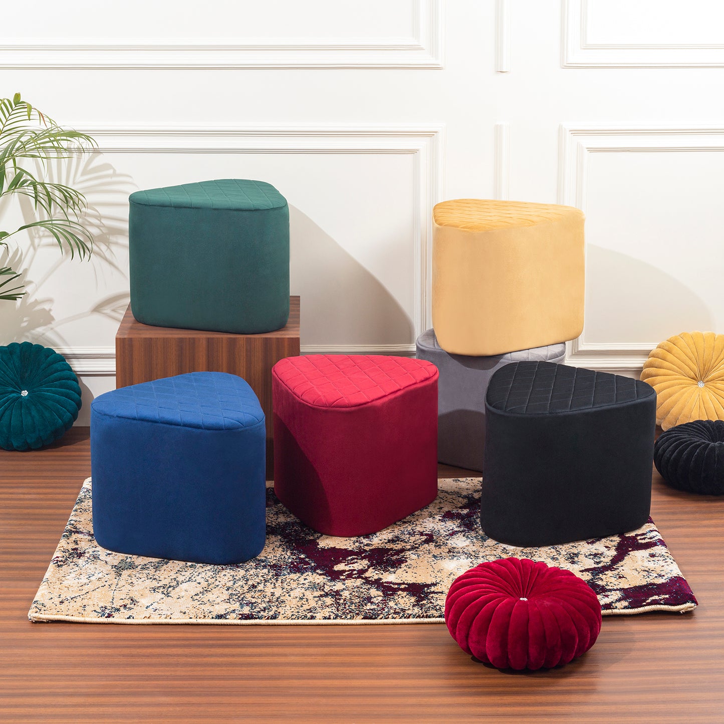 Lushlin Ottoman Triangular Pouffee Stool - Velvet Blue