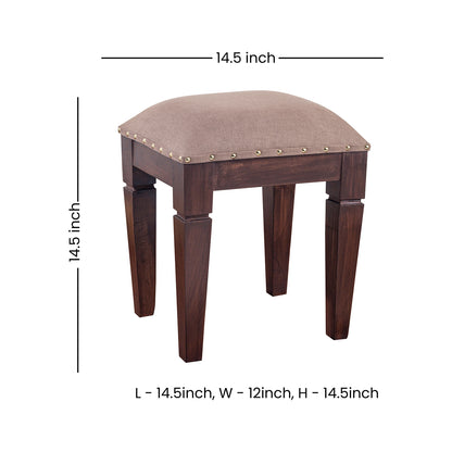 Lushlin upholstered wooden bench in light brown fabric and wall nut finishing wooden legs for sitting and footrest.