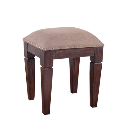 Lushlin upholstered wooden bench in light brown fabric and wall nut finishing wooden legs for sitting and footrest.