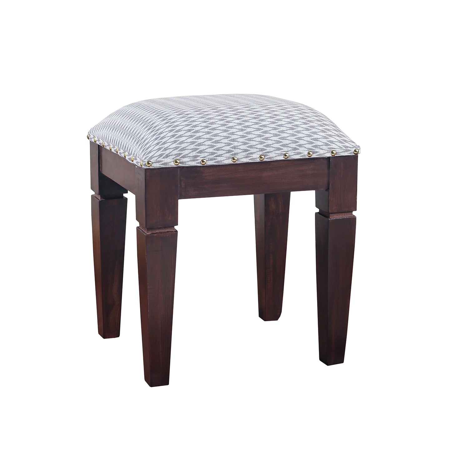 Lushlin wooden cushioned upholstered bench with Wall nut finishing legs and white fabric with grey zigzag pattern