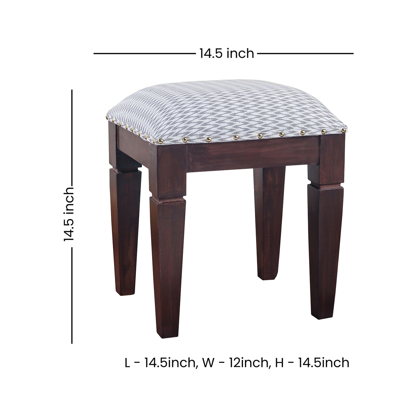 Lushlin wooden cushioned upholstered bench with Wall nut finishing legs and white fabric with grey zigzag pattern