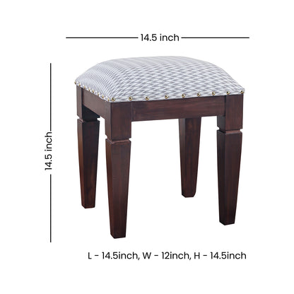 Lushlin wooden cushioned upholstered bench with Wall nut finishing legs and white fabric with grey zigzag pattern