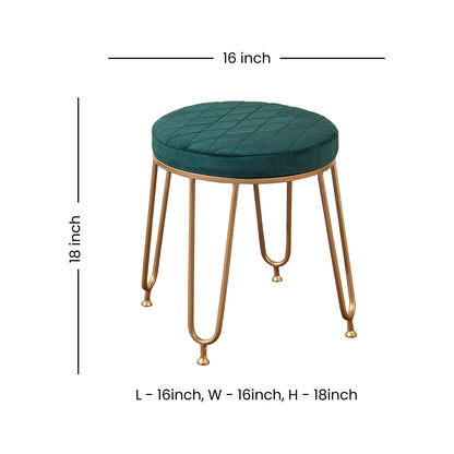 Lushlin Metallic ottoman stool for living room in green fabric and golden metallic frame for sitting and footrest purpose